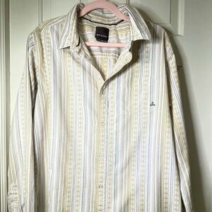 Prana Men's Beige and White Striped Button-Down Shirt